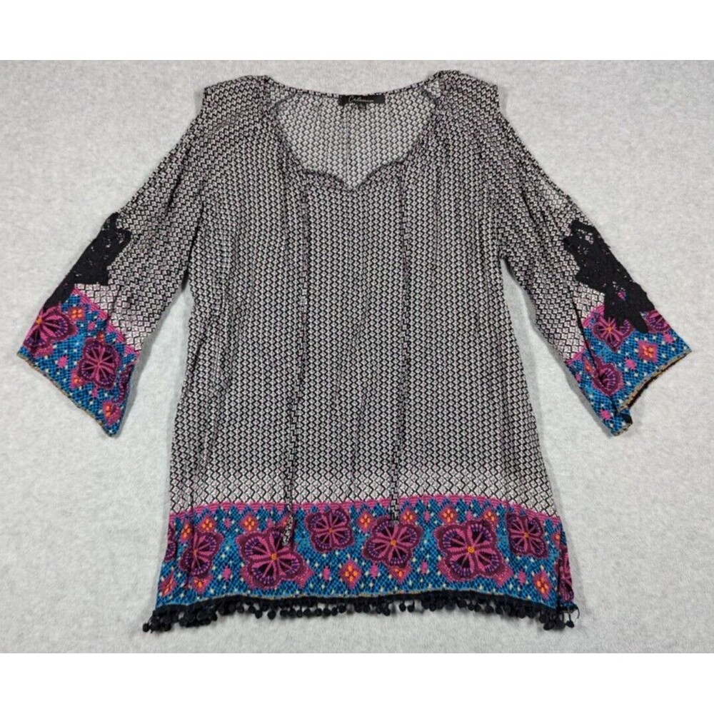 Calessa Women Top Large Cold‎ Shoulder Pompom Hem Floral Crochet Boho Tunic